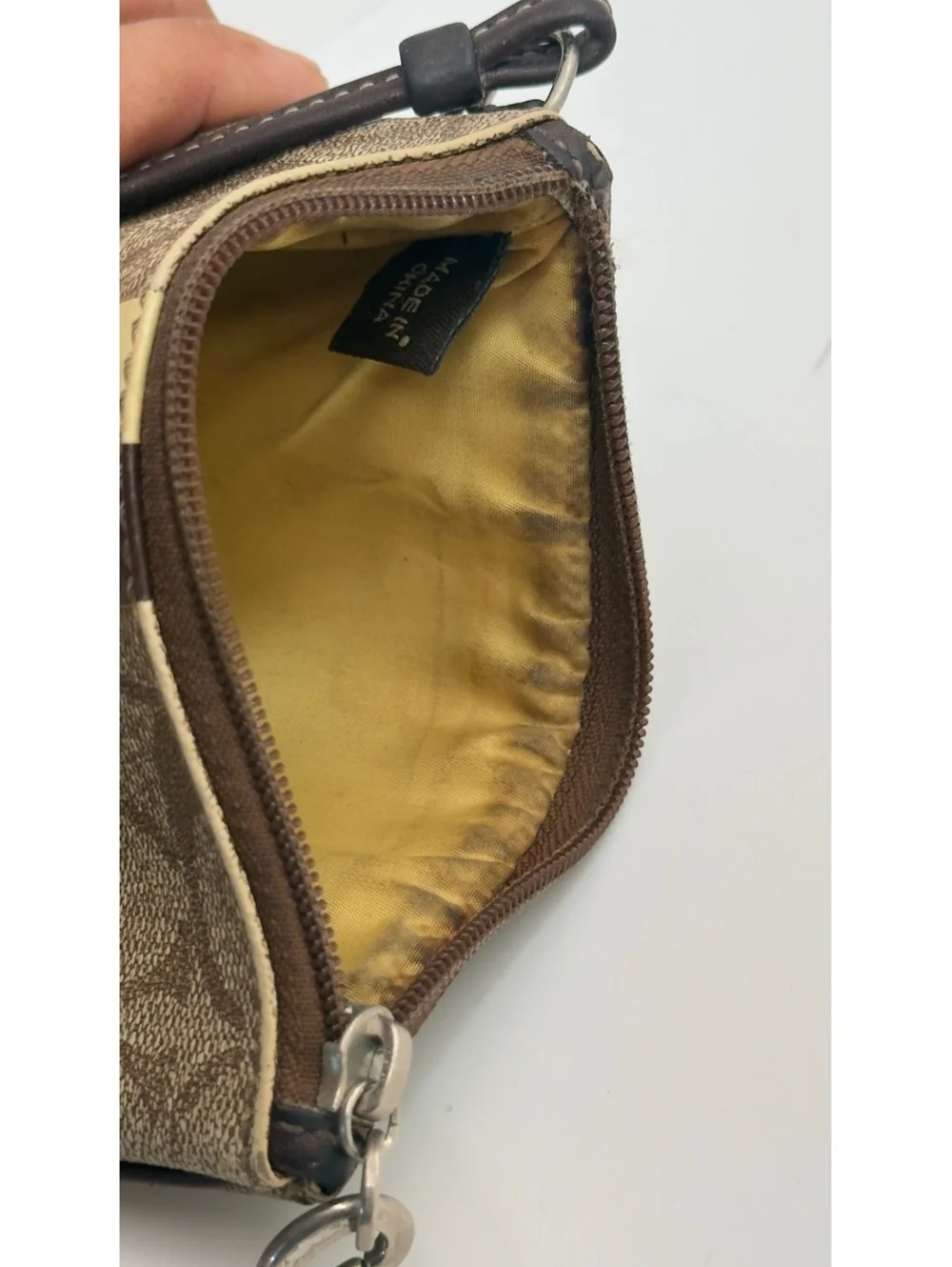 Coach Corner Zip Wristlet Signature Canvas with Stripe Tan/Brown